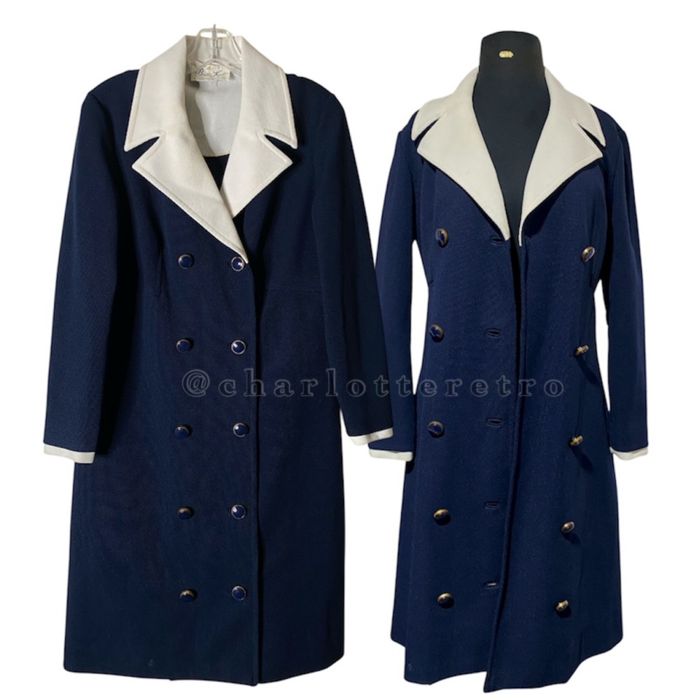 60s vtg BUTTE KNIT Navy Blue Double-Breasted Coat Dress - Picture 2 of 11